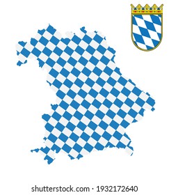 Mapa bávaro y bandera con escudo de armas de Baviera, Alemania. 
Símbolo de la provincia alemana. Cubata bávara.