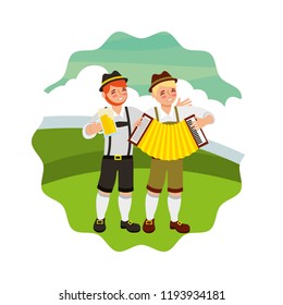 bavarian men with beer and accordion landscape