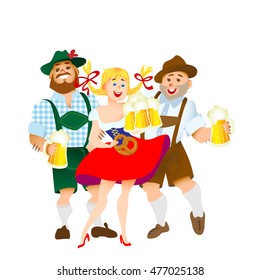 Bavarian men and woman celebrating oktoberfest with a big glass of beer. Vector illustration