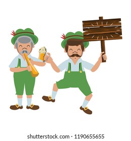 Bavarian mens with beer and wooden sign