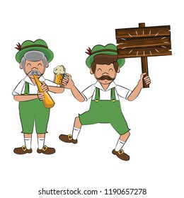 Bavarian mens with beer and wooden sign