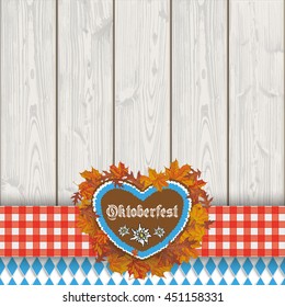 Bavarian national colors flyer with red table cloth, heart and foliage on the wooden background. Eps 10 vector file.