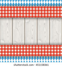 Bavarian national colors flyer with red table cloth on the wooden background. Eps 10 vector file.