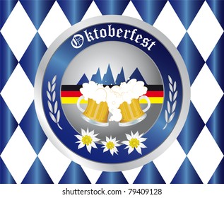 Bavarian Oktoberfest button with beer mugs