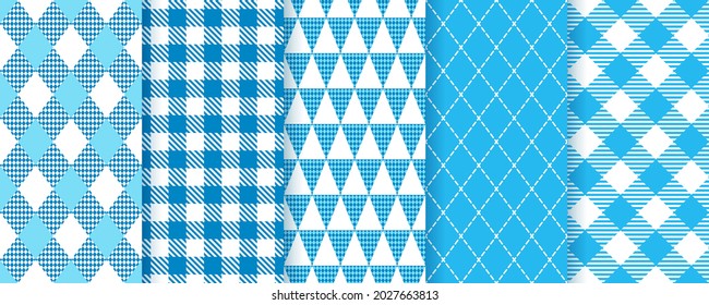 Bavarian Oktoberfest seamless patterns. Blue diamond backgrounds. Set plaid prints with rhombus, triangle. Argyle Lozenge textures. Modern geometric backdrops. Vector illustration.