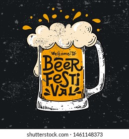 Bavarian Oktoberfest. Vector flat color text illustration for German beer festival in Munich. Hand Drawn Lettering in picture of beer mug with foam. Template poster, menu, flyer. Cracks can be removed