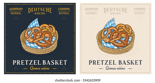 Bavarian pretzel basket retro vintage illustration