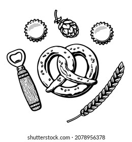 Bavarian pretzel, bottle opener, beer caps, hop cone, barley or wheat ear. Design element for beer production, brewery, pub and bar. Vector illustration isolated on white background.
