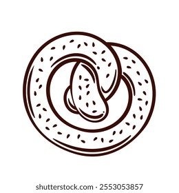 Symbol der bayerischen Brezel-Linie. Umriss handgezeichnetes Backprodukt von weicher Knotenform mit Salz, Brezel für Oktoberfest Party. Essen, Bäckerei Maskottchen, leckere Bretzel-Symbol, Vektorgrafik