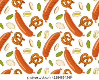 Bavarian pretzel, sausages, pistachio nuts. Seamless pattern with snacks on white background. Traditional Bavarian snacks with salt and sausages. Repeated wallpaper, textile, wrapping, scrapbooking.