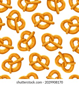 Bavarian pretzel seamless pattern on a white isolated background. Vector cartoon illustration.