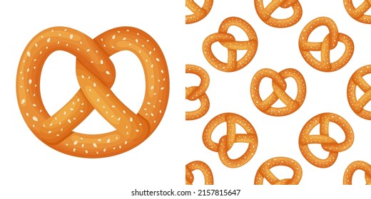 Bavarian pretzel seamless pattern on isolated background. Vector cartoon illustration. 