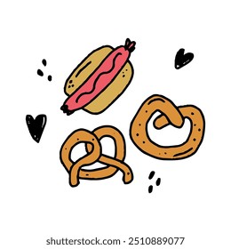 Bavarian pretzels and hotdog. Hand drawn doodle vector art style clip art. Naive childish art illustration