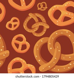 Bavarian pretzels on brown backdrop. Traditional bakery seamless pattern for wallpaper, wrap paper, sleeper, bath tile, apparel or bed linen. Bag or hoody print. Flat style stock vector illustration