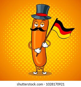 Bavarian sausage with germany flag pop art retro vector illustration. Cartoon food character. Color background. Comic book style imitation.