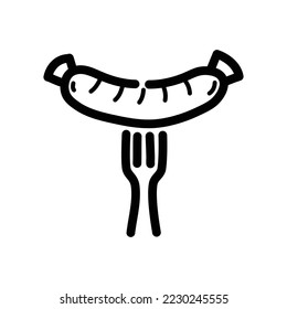 Bavarian sausage on a fork doodle icon. Hand drawn symbol. Vector illustration.