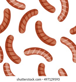 Bavarian sausages isolated on white. Bierwurst sausage. Smoked sandwhich meat sausage seamless pattern. Stylish snack endless texture wallpaper. Nutrition lunch. October fest tasty breakfast. Vector