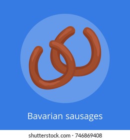Bavarian two grilled sausages vector illustration isolated on blue. Nutrition snack, round meat appetizers, fast food product during festivals