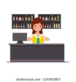 bavarian woman behind bar counter with beers