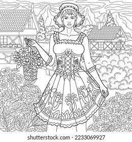 Mujer bávara con cesta floral, paisaje rural. Página del libro de colorear para adultos en estilo mandala