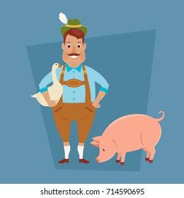 Bavarian/German man with goose and pig. Vector art. 