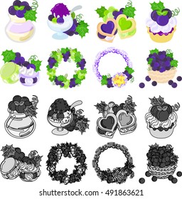 The bavarois and chipped ice and cookie and tart and macaroon and wreath and basket of grapes