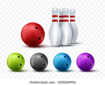 Bawling template. Vector colorful bowling balls and skittles isolated on transparent background.