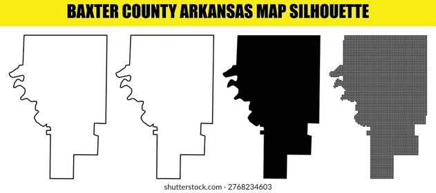 Baxter county arkansas map silhouette graphics bundle containing outline solid and dotted vector format variations.