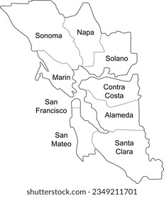 mapa de vectores de área de bahía de condado con etiquetas, bordes, sonoma, napa, solano, marín, san francisco, san mateo, alameda, contra costa, santa clara