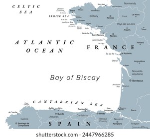 Bay of Biscay, also known as Gulf of Gascony, gray political map. Gulf of the northeast Atlantic Ocean lying south of the Celtic Sea, along the western coast of France and the northern coast of Spain.