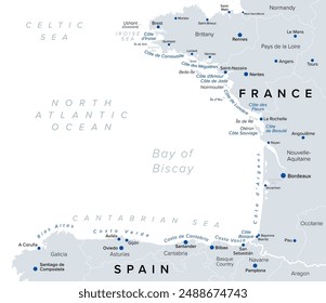 Bahía de Vizcaya, nombres turísticos de playas y costas del Golfo de Gascuña, mapa político. Golfo del Atlántico Norte, al sur del Mar Céltico, a lo largo de la costa occidental de Francia y la costa norte de España.