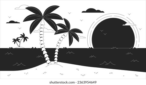 Bay black and white lo fi aesthetic wallpaper. Sunset ocean. Beach with palm tree outline 2D vector cartoon landscape illustration, monochrome lofi background. Bw 90s retro album art, chill vibes