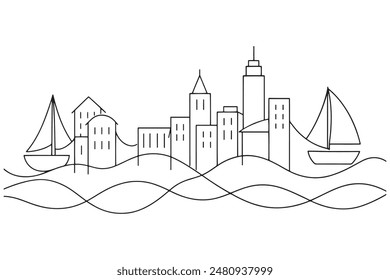 Bay with city continuous line art vector illustration on white background