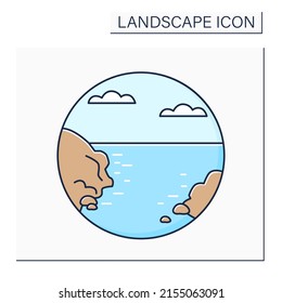 Bay color icon. Broad inlet of sea. Indentation in mountains with small sea or lake.Landscape concept.Isolated vector illustration