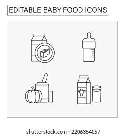 Bay food line icons set. Baby bottle for feeding milk, sugar-free drink, milk, pumpkin-flavored food supplement. Drinks and meals. Healthy menu concept. Isolated vector illustrations. Editable stroke