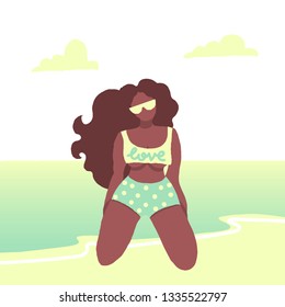 Bay girl. Vector illustration with black skin girl. Colorful bikini. Vector design. Flat illustration. Beautiful beach background. svg