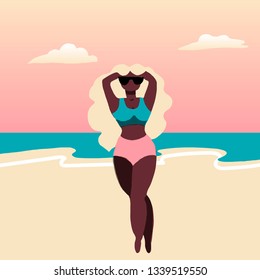 Bay girl. Vector illustration with black skin girl. Colorful bikini. Vector design. Flat illustration. Beautiful beach background.