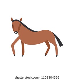 Bay horse full length isolated on white background. Cute farm animal side view in flat vector illustration. Domestic brown horse with black mane standing sideways.