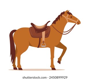 Bay horse. Stallion dressed in tack including saddle, snaffle bit bridle. Beautiful brown horse standing. Colored flat style vector illustration