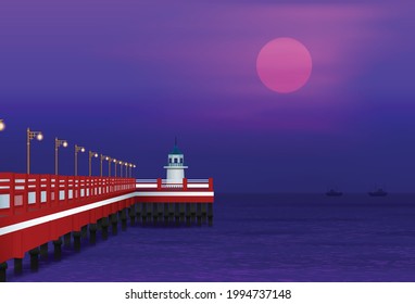 Bay Jetty and sea scenery in evening twilight.Graphic vector