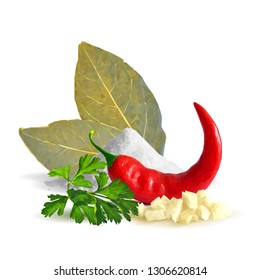 Bay leaves, acute and hot chilli pepper, salt and spices low poly. Bay leaves, fresh green parsley and tasty spices. Bay leaves and spices ingredients in triangulation technique. 