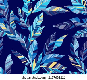 Bay leaves floral vector seamless pattern. Exotic striped tropical foliage. Textile print with laurel tree branches. Summer endless pattern with tropical leaves. Wallpaper cute design