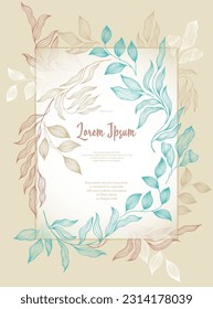 Bay leaves frame vector greeting card template. Elegant bay tree branches summer bouquet. Organic card design with laurel foliage. Tropical eucalyptus leaves on twigs frame template. Garden plant svg