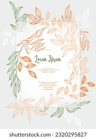 Bay deja la plantilla de tarjeta de saludo vectorial del marco. Rama romántica de laureles en verano. Diseño rústico de tarjetas con follaje laurel. Hojas tropicales de eucalipto sobre la plantilla de marco de ramitas. Instalaciones domésticas