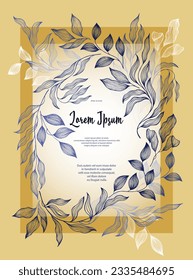 Bay leaves frame vector greeting card template. Elegant bay tree branches summer bouquet. Floral card design with laurel foliage. Tropical eucalyptus leaves on twigs frame template. Bridal decor