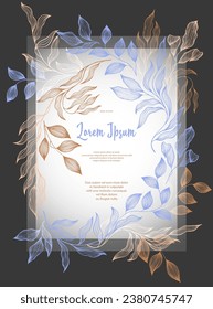 Bay deja la plantilla de tarjeta de saludo vectorial del marco. Rama romántica de laureles en verano. Diseño de tarjetas de vacaciones con follaje laurel. Hojas tropicales de eucalipto sobre la plantilla de marco de ramitas. Decoración de novias