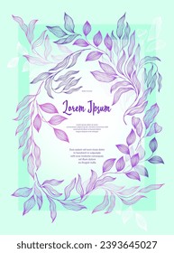 Bay leaves frame vector greeting card template. Vintage bay tree branches summer bouquet. Rustic card design with laurel foliage. Tropical eucalyptus leaves on twigs frame template. Bridal decor