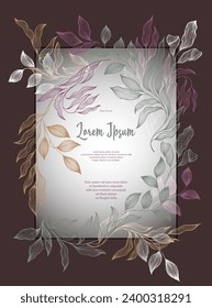 Bay leaves frame vector greeting card template. Elegant bay tree branches summer bouquet. Organic card design with laurel foliage. Tropical eucalyptus leaves on twigs frame template. Nature print