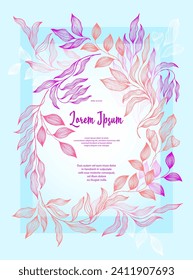 Bay leaves frame vector greeting card template. Vintage bay tree branches summer bouquet. Rustic card design with laurel foliage. Exotic eucalyptus leaves on branches frame template. Botany style