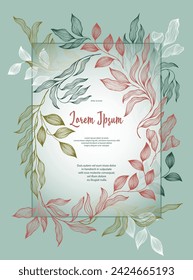 Bay leaves frame vector greeting card template. Romantic bay tree branches summer bouquet. Holiday card design with laurel foliage. Tropical eucalyptus leaves on twigs frame template. Botany style